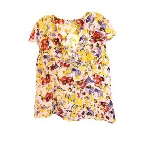 Laura Ashley Ruffle V-Neck Floral Short Sleeve Blouse Size 14 Summer Careerwear